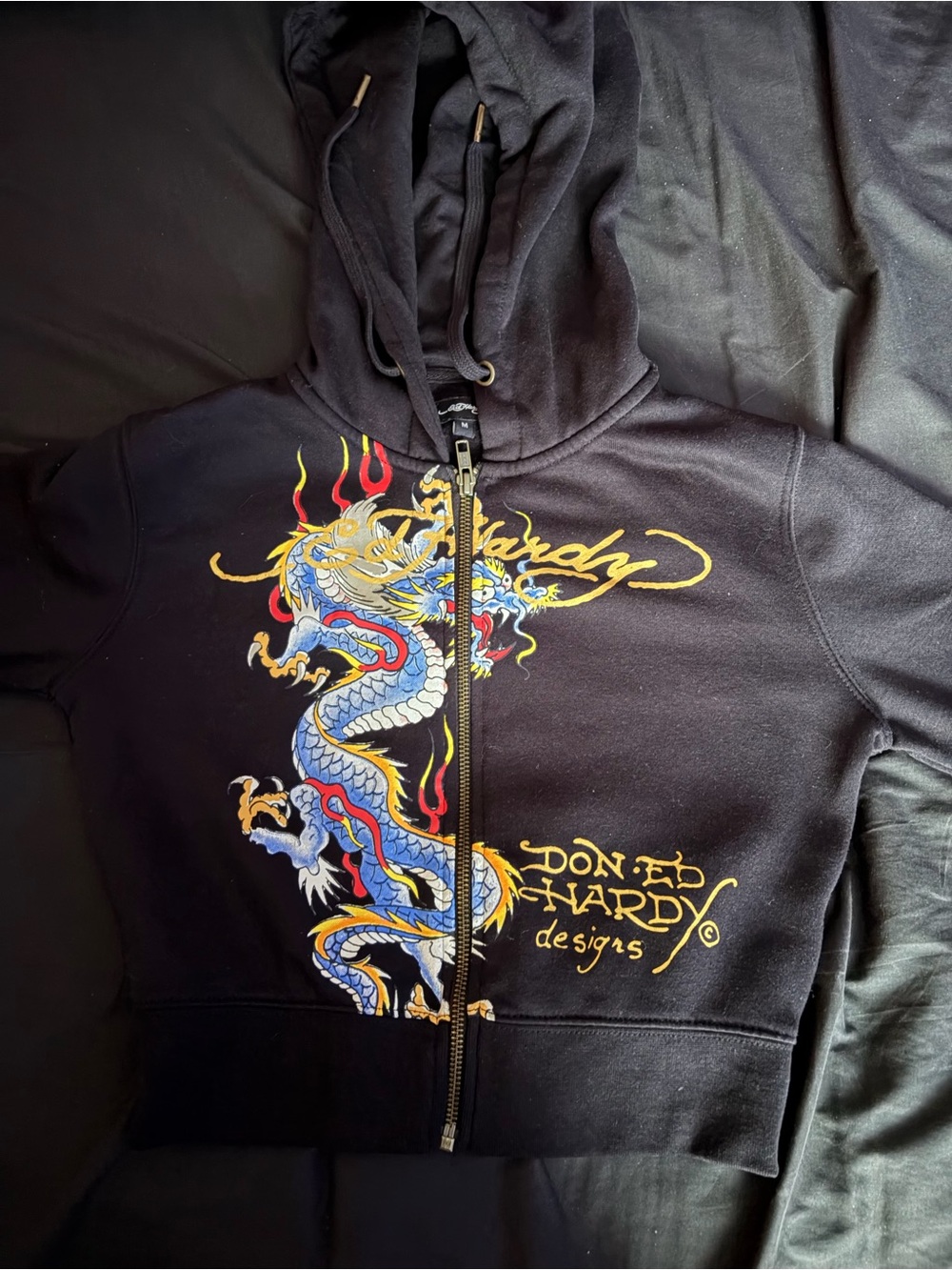 Ed Hardy Black Kids Zip-Up Hoodie with Blue & Gold Dragon Graphic